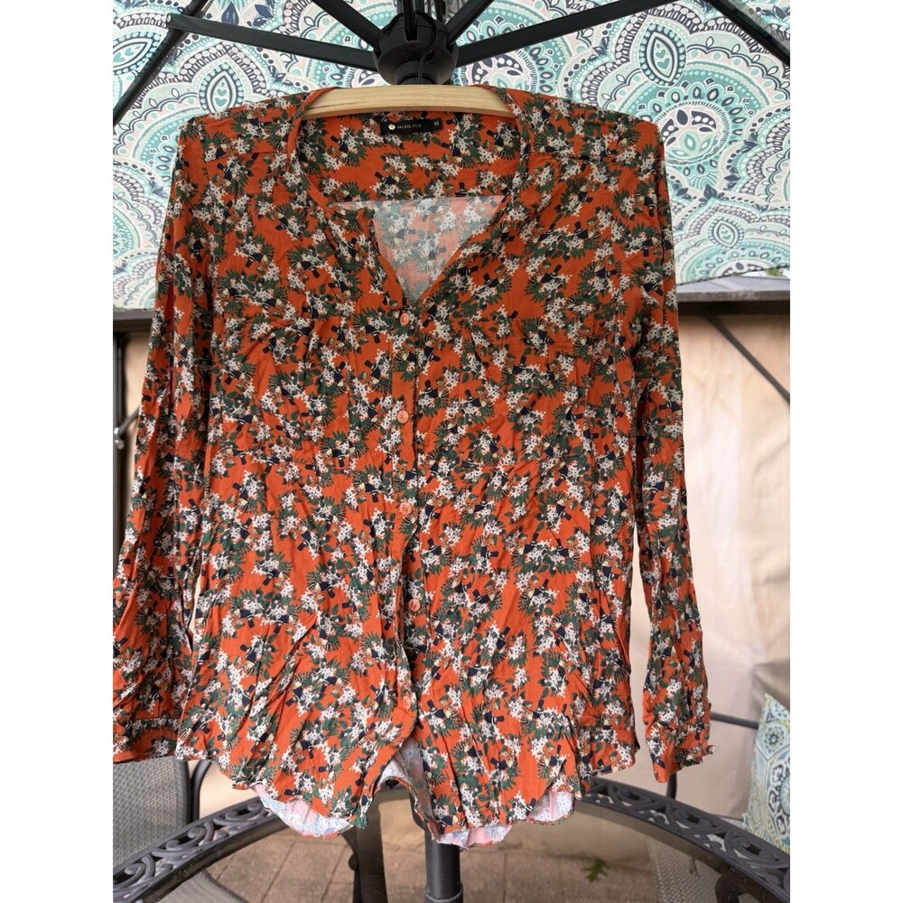 MARIA FILÓ BLOUSE ORANGE FLORAL V-NECK BUTTON FRONT LONG SLEEVE M